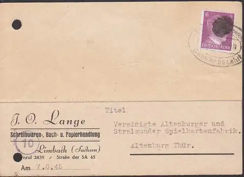 Limbach mit 6 Pfg. Schsische Schwrzung, Karte geprft Busch  7.8.45