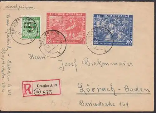 Leipziger Messe 1949 R-Bf um 1 Pfg. brfrankiert aus Dresden nach Lrrach - Baden