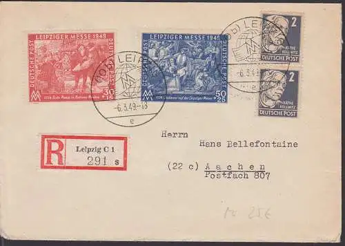 Leipziger Messe 1949 R-Bf portogenau SSt. Leipzig nach Aachen 6.3.49