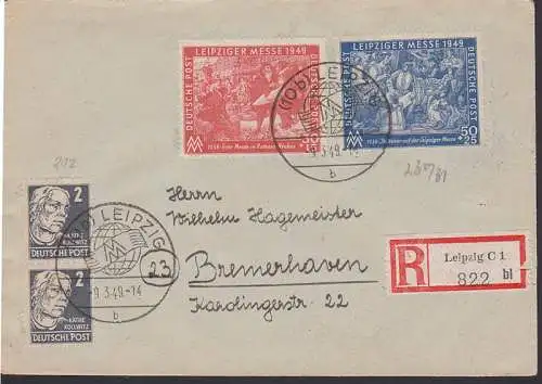 Leipziger Messe 1949 R-Bf portogenau SSt. Leipzig nach Bremerhaven 9.3.49