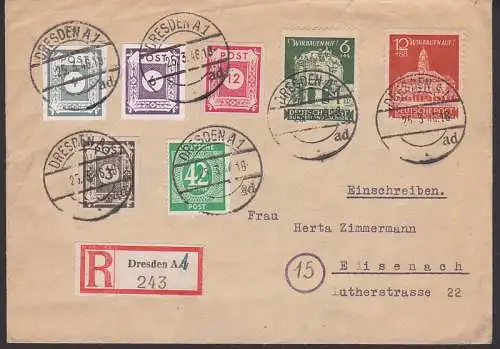 Wir bauen auf! Dresdner Zwinger R-Brief mit 42 Pfg. Ziffern Kontrollrat, 1 Pf berfrank