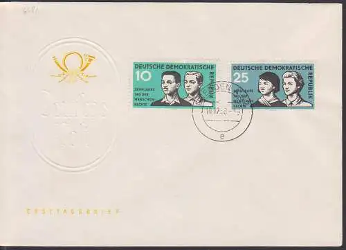 Tag der Menschenrechte Ost. Dresden 10.12.58 auf neutralem FDC (669/70)