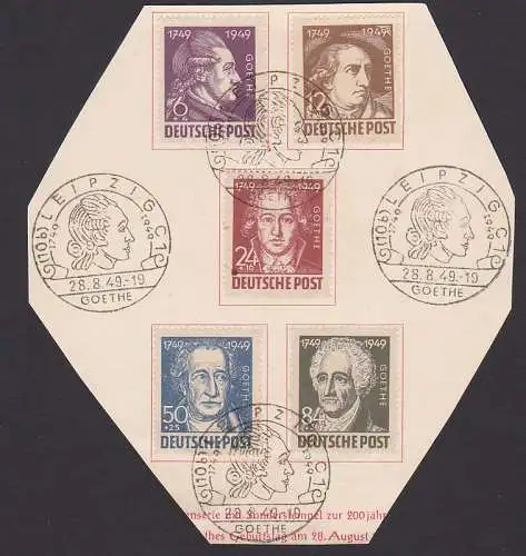 Goethe SSt. Leipzig 28.8.49 , kpl. Satz auf beschnittener Unterlage, SSt. sltener als der von Weimar (234/38)