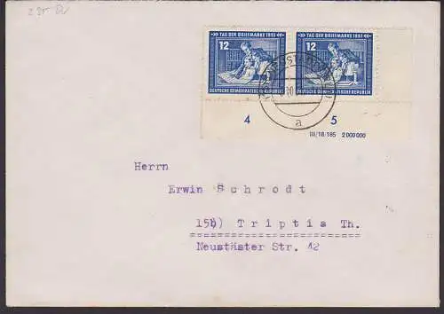 Tag der Briefmarke 1951 OSt. Neustadt (Orla)  ru. Eckrandst. mit Druckvermerk (295 Dv)