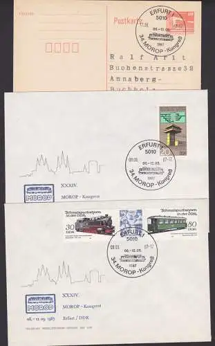 MOROP-Kongress Erfurt SSt. 8.9.87, 3 Belege dabei Schmalspurbahn - Zdr
