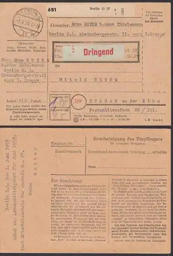 Numerator-Stempel, 1,80 Porto (re. senkr. Seite) auf Paketkarte aus Berlin O17 1.6.53, Sdg. Lt. Erlaubnisschein