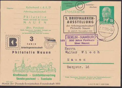 Nauen 10 Pfg. Wilhelm Pieck mit privatem Zudruck 2. Briefmarkenausstellung (P57 2-55), R3 Berlin-Hamburg