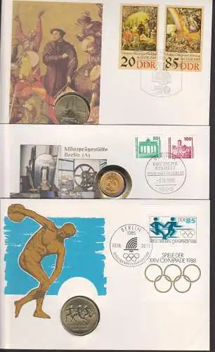 Numisbrief Thomas Müntzer-Ehrung 5 M Zwickau, Olymp. Spiele 10 M, Deutsche Einheit 1M, 50 Pf DM