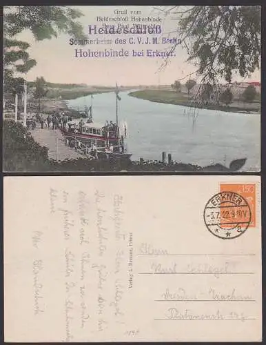 Heideschloss Hohenbinde bei Erkner, Ak Sommerheim des C.V.J.M. Berlin, Erkner 3.7.22