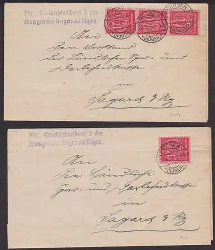 Bergen (Rügen) zwei Dienstpostbfe Amtsgericht nach Sagard 1928, rs. Blaue Siegelmarke