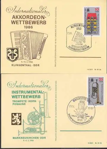 Akkordeon-Wettbewerb Klingenthal 1986 Anlasskarten mit Messemarken, Bachtrompete
