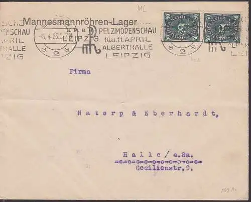 Perfin ML Mannesmannröhren-Lager Leipzig 5.4.23 (209) MWSt. Pelzmodenschau in Alberthalle