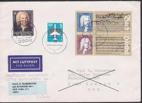 Zeitz - Lp-Brief nach Bremen - New York, interess. Nachsendung, da Empfänger abgereist, MiF Bach DDR/BRD