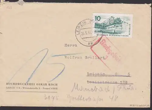 Leipzig Ortsbrief mit Kohletagebau-Abraum-Bagger mit Nachgebühr weil Weiterleitung nach Manebach (569)