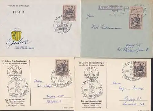 Arbeitskreis Schwaneberger Jubiläums-Umschlag Gutenberg Leistungsschau 1957, je mit 5 Pfg. Postreiter
