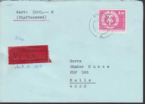 Thum Wertbrief mit 3,- Staatswappen (1967) nach Halle an Prüfer G. Kurze