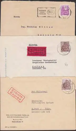 Familie 5-Jahrplan 70 Pfg je auf Eil-Bf aus Berlin, MWSt. 10 Jahre Sport Verlag Doppelbrief Dresdner Zwinger
