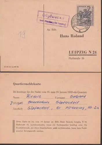 Göpfersdorf über Altenburg (Bz. Leipzig) PSSt. Drucksache 13.1.58, Quartiermeldekarte (600)