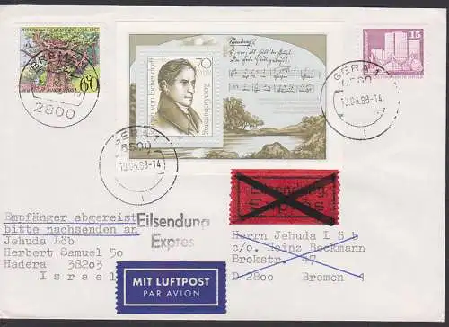 Gera - Eilbrief nach Bremen - Israel, interess. Nachsendung, MiF Joseph von Eichendorff DDR/BRD
