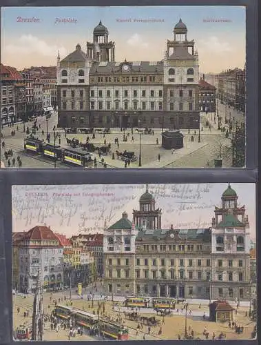 Dresden Postplatz zwei Ak mit Postamt, Straßenbahn, Pferdedroschken, Telegrafenamt, Marienstrasse
