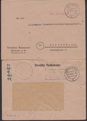 Dresdener Rennverein Barfranaktur Dresden 6.10.45 mit Z1 Gebühr bezahlt, Dt. Reichsbahn mit R2 20.10.45
