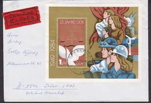 Friedenstaube 35 Jahre DDR Block 79 auf Eil-Bf nach Trier rs. Durchgangsst