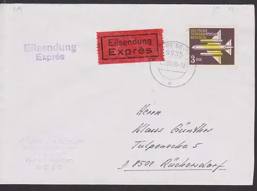 Luftpost 3 DM Eil-Bf rs. Eing,-St. (914), portogenau aus Kurort Seiffen 26.9.90