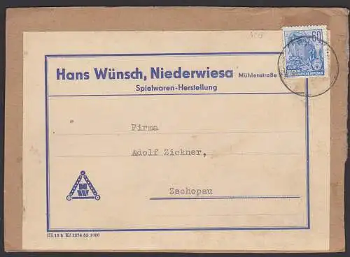 Päckchen-Adresse aus Niederwiesa 60 Pfg. Fünfjahrplan (420), lu. Eckzahnfehler