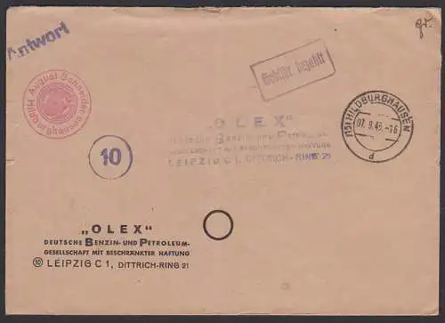 Hildburghausen 7.9.45 Antwort-Umschlag an OLEX Benzin- und Petroleum GmbH Barfranaktur R1