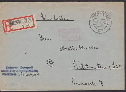 Dresden N30 R-Brief mit R2 Gebühr bezahlt 2.10.45