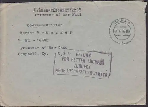 Kriegsgefangenpost Pirna 28.4.46 nach USA, R4 zurück neue Anschrift abwarten