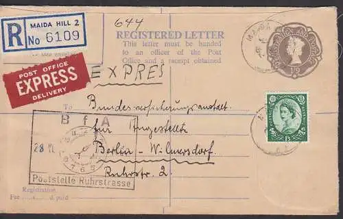 Maide Hill England R-Express GA nach Berlin-Wilmersdorf mit R B f A Poststelle Ruhrstrasse 1962
