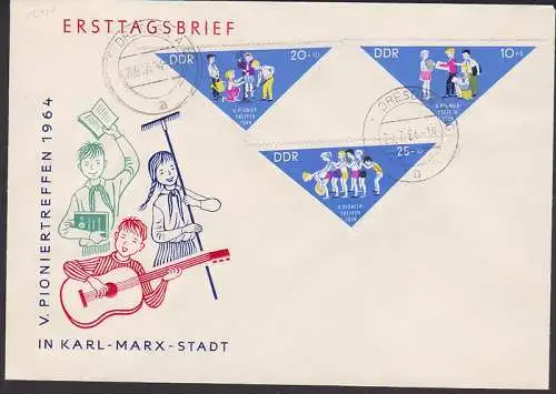 Pioniertreffen 1964 Ost. Dresden 29.7.64 (1045/47) einzige Dreiecksmarken der DDR