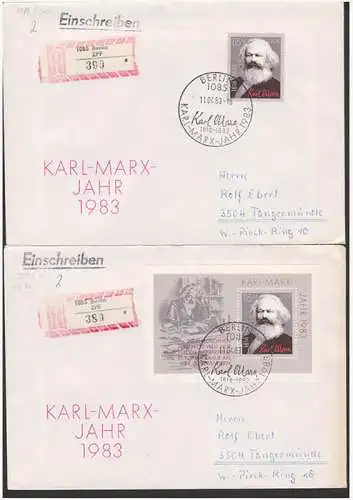 Karl-Marx-Jahr 1983 Marke aus Block und Bl. (2789, Bl. 70) SSt. Berlin je auf R-Brief