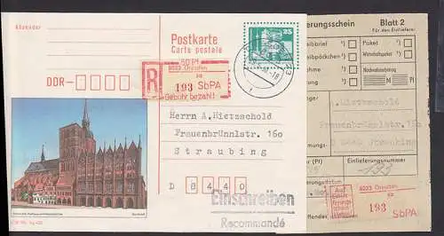 Stralsund Rathaus Bildpostkarte 25 Pfg. als Einschreiben mit SbPA mit Einl.-Schein (P92 -193)