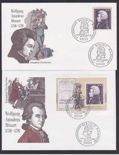 Wolfgang Amadeus Mozart , Block und Marke aus Block, SSt. Bonn, Berlin