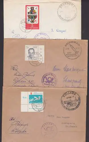 Skatkarte, Schwimmsport 5 Pfg. als Ds (907, 918, 1298) SSt. Kölleda, frankierte Postsachen