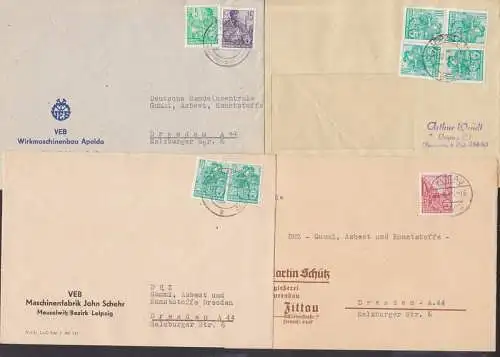 Meuselwitz, Zittau, Apolda,Leipzig 4 Belege mit 5-Jahrplanfrankaturen
