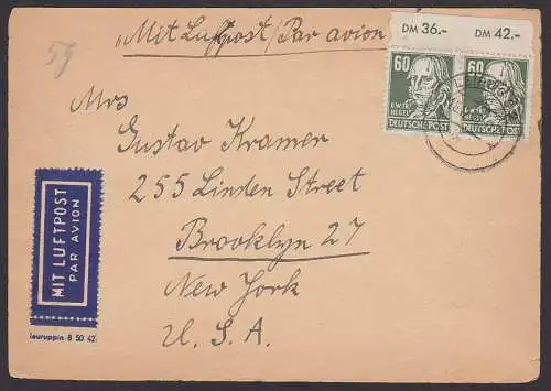 Leipzig Lp-Brief nach Brooklyn USA mit 60 Pfg. Hegel in MeF mit Oberrand (225)