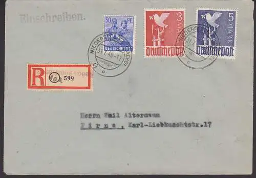 Niedersedlitz R-Brief 31.7.48 mit 3, 5 M Taube als 10-fach-Frankatur portogenau nach Pirna (962 ZF)