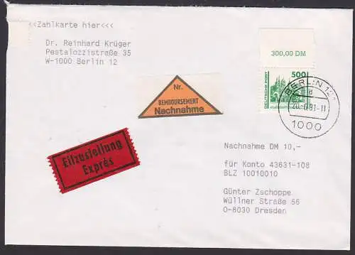 Schweriner Schloss 500 Pfg. Oberrand Eil-Nachnahme-Sendung aus Berlin 20.6.91 (3352)