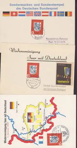 Wiedervereinigung Saar mit Deutschland, drei Sonderkarten mit SSt. 1957, dabei Vignette Saarmesse