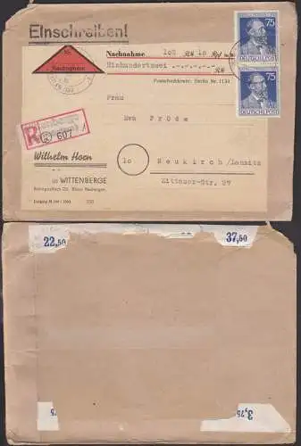 Heinrich v. Stephan 75 Pfg(2) auf R-Bf-Nachnahme aus Wittenberge 27.11.47, sehr rare Portostufe 2 Pf überfr