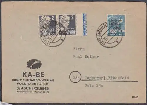 Aschersleben Fern-Bf mit 2 Pfg Käthe Kollwitz mit Randleiste rechts,  22.11.49 (212)