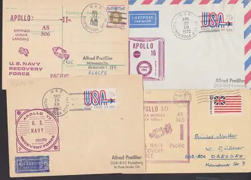 Apollo10, 11, 16, 17 Briefe mit Cachts der U.S. Navy u.a. aus USS Ticonderoga
