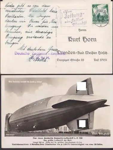 Frankfurt (Main) MWSt. Ohne Zeitung ein halber Mensch, Abs. Zeppelin Rederei, echte Fotografie L.Z. 129