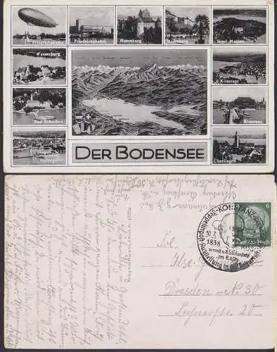 Konstanz SSt. Zeppelin-Ausstellung, 10.7.38, auf 12-Bilder Ak mit Bodensee
