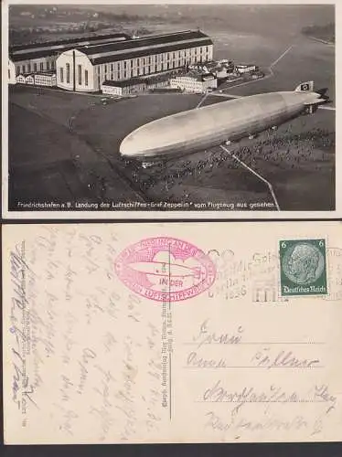 Landung des Luftschiffes Gaf Zeppelin in Friedrichshafen mit rotem Cachet zur Erinnerung Luftschiffwerft