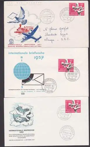 Internationale Briefwoche Sarland 1957, drei versch. Schmuckumschläge (408)