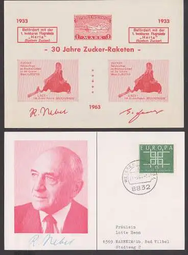 Raketenflug Vigentte 30 Jahre Zucker-Raketen im Brockengebiet, Fotokarte mit Autogramm R. Nebel